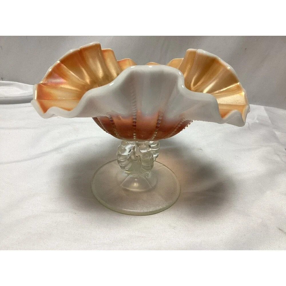 Dugan Beaded Panels Peach Opalescent Open Stemmed Carnival Glass Compote ca 1915